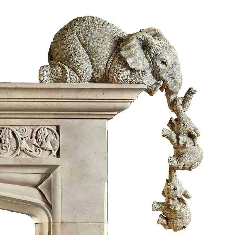❤️3-Piece Hand-Painted Elephant Family - Hanging Mother & 2 Babies Shelf Sitter Set - A926