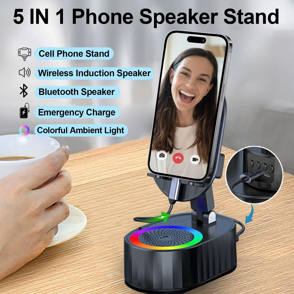 🔥Hot Sale 49% OFF🏆Wireless Induction Audio Bluetooth Speaker 5in1 Cellphone Holder USB Emergency Rechargeable (5000mAh) Portable Power Mobile Tablet Stand-TJY