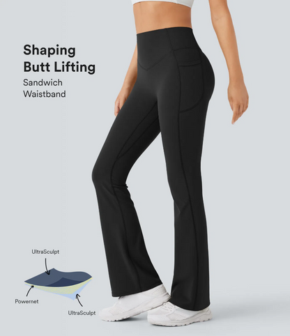 High Waisted Scrunch Butt Lifting Tummy Control Pocket Shaping Yoga Bootcut Leggings-H1