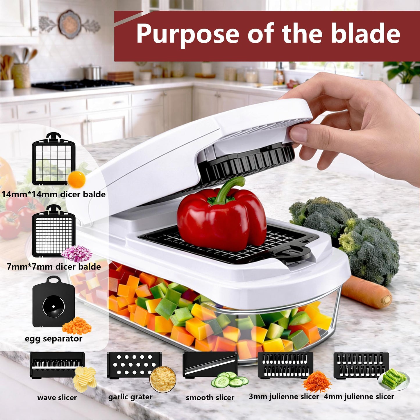 Vegetable Chopper,15-in-1 Multifunctional Food Chopper,Professional Onion Chopper with 8 Blades,Vegetable Cutter with Container for Salad,Potato,Carrot,and Garlic; Essential Kitchen Tool-HZ