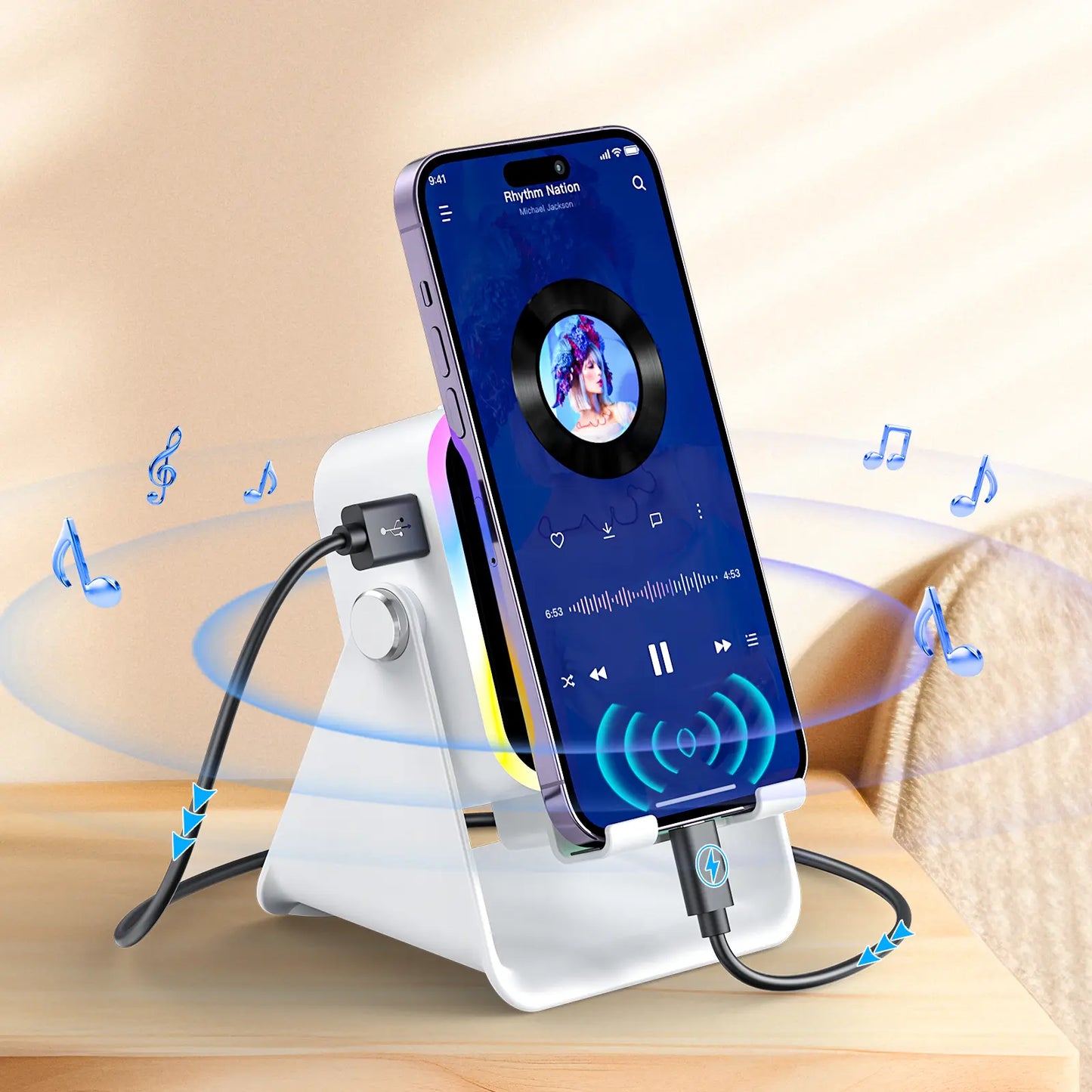 🏆Flash Sale⚡ Newly Upgraded! 🏆Wireless Speaker Phone Stand | 360° LED Universal Holder-W18