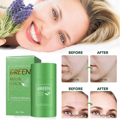 Green mask stick with packaging and before-and-after effects on skin