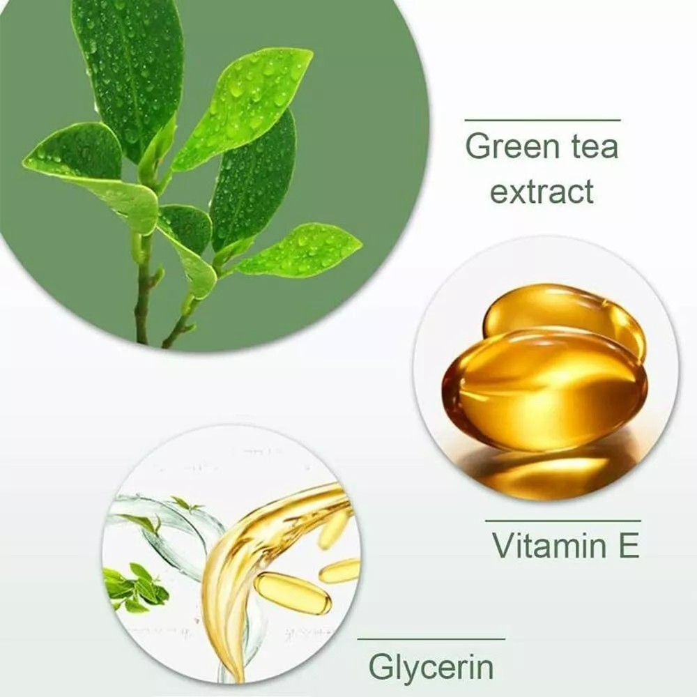 Ingredients shown with green tea extract, vitamin E capsules, and glycerin on a light gray background.