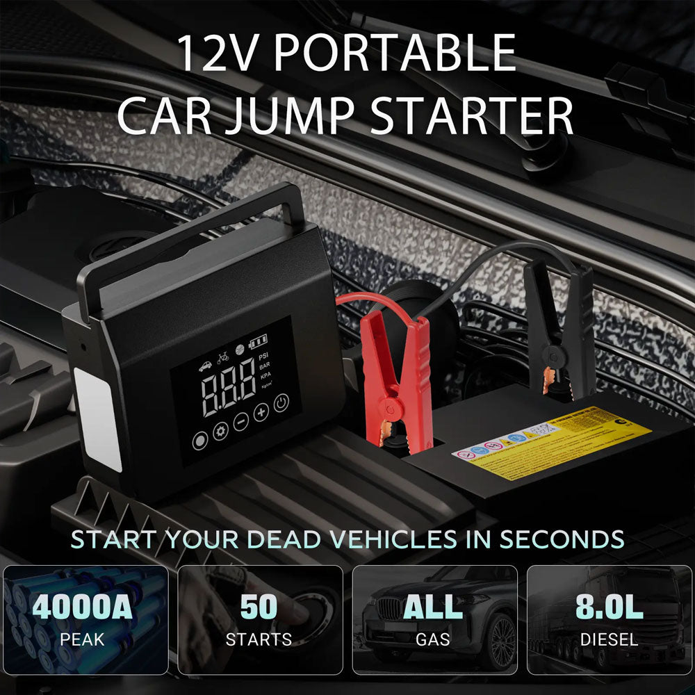 🔥Arrancador de coche de 4000 A con inflador de neumáticos de 150 PSI, batería externa de 15 000 mAh y luz LED. Fiable a -20 °F. Compatible con la mayoría de coches y camiones Conveniencia para conducir en invierno-TJY