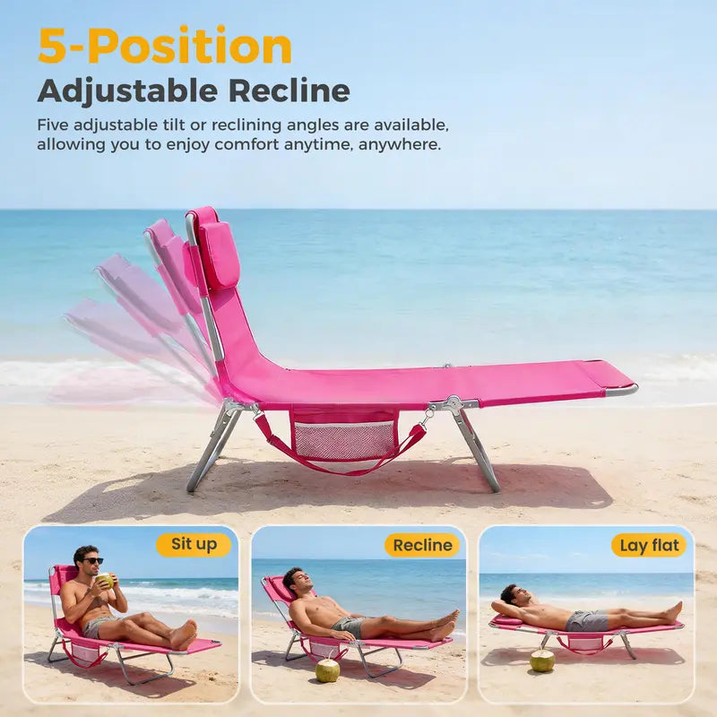 🔥Portable Beach Lounge Chair⛱️Folding Adjustable Chaise Lounge Chair with Backpack Straps & Side Pocket-TJY