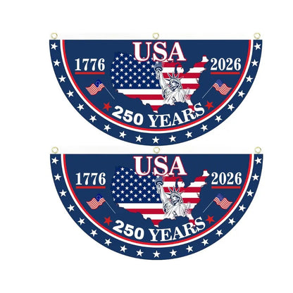 🗽USA 250th Anniversary Flag Half Round Banner🦅1776–2026 Patriotic Bunting Flag, Polyester Semicircle Fence Banner-ABB8