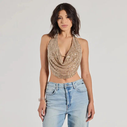 ✨Party Diva✨ — 💎Cropped Rhinestone Backless Halter Top-ABB8