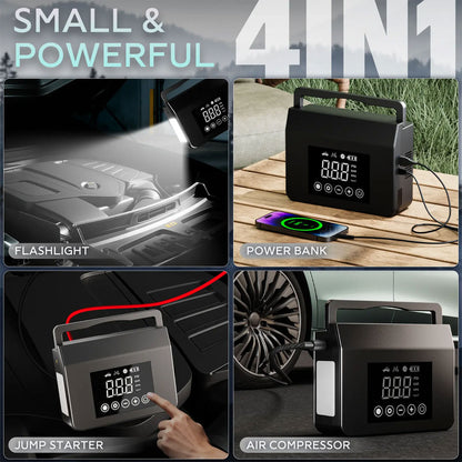 🔥Arrancador de coche de 4000 A con inflador de neumáticos de 150 PSI, batería externa de 15 000 mAh y luz LED. Fiable a -20 °F. Compatible con la mayoría de coches y camiones Conveniencia para conducir en invierno-TJY