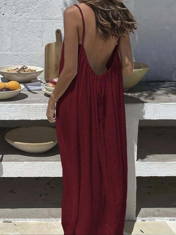 Women's Solid Color Cami Lounge Dress, Elegant Sleeveless Long Dress for Summer, Ladies Sleepwear for Indoor Wear-GD