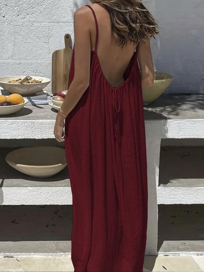 Women's Solid Color Cami Lounge Dress, Elegant Sleeveless Long Dress for Summer, Ladies Sleepwear for Indoor Wear-GD