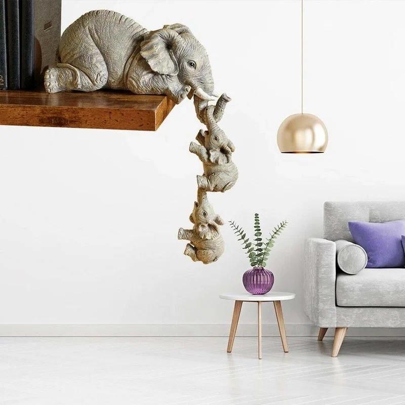 ❤️3-Piece Hand-Painted Elephant Family - Hanging Mother & 2 Babies Shelf Sitter Set - A926