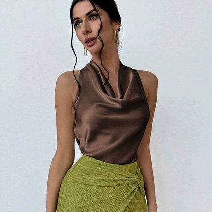 ✨ Top de satén sensual❤️-espalda descubierta, elegancia femenina sin mangas🎁-ABB8