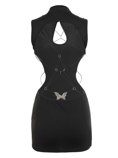 💋Sexy Criss-Cross Lattice Back Bodycon Dress with Silver Butterfly Detail - A926