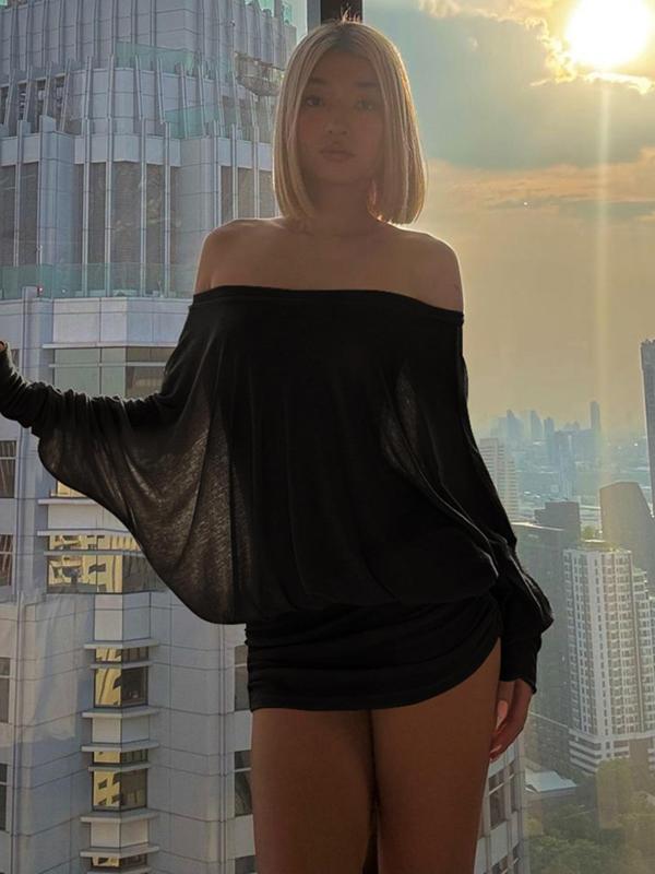 🔥First 100:2nd Item 60%Off🔥Women's Solid Off-The-Shoulder Long Sleeve Dress-W18