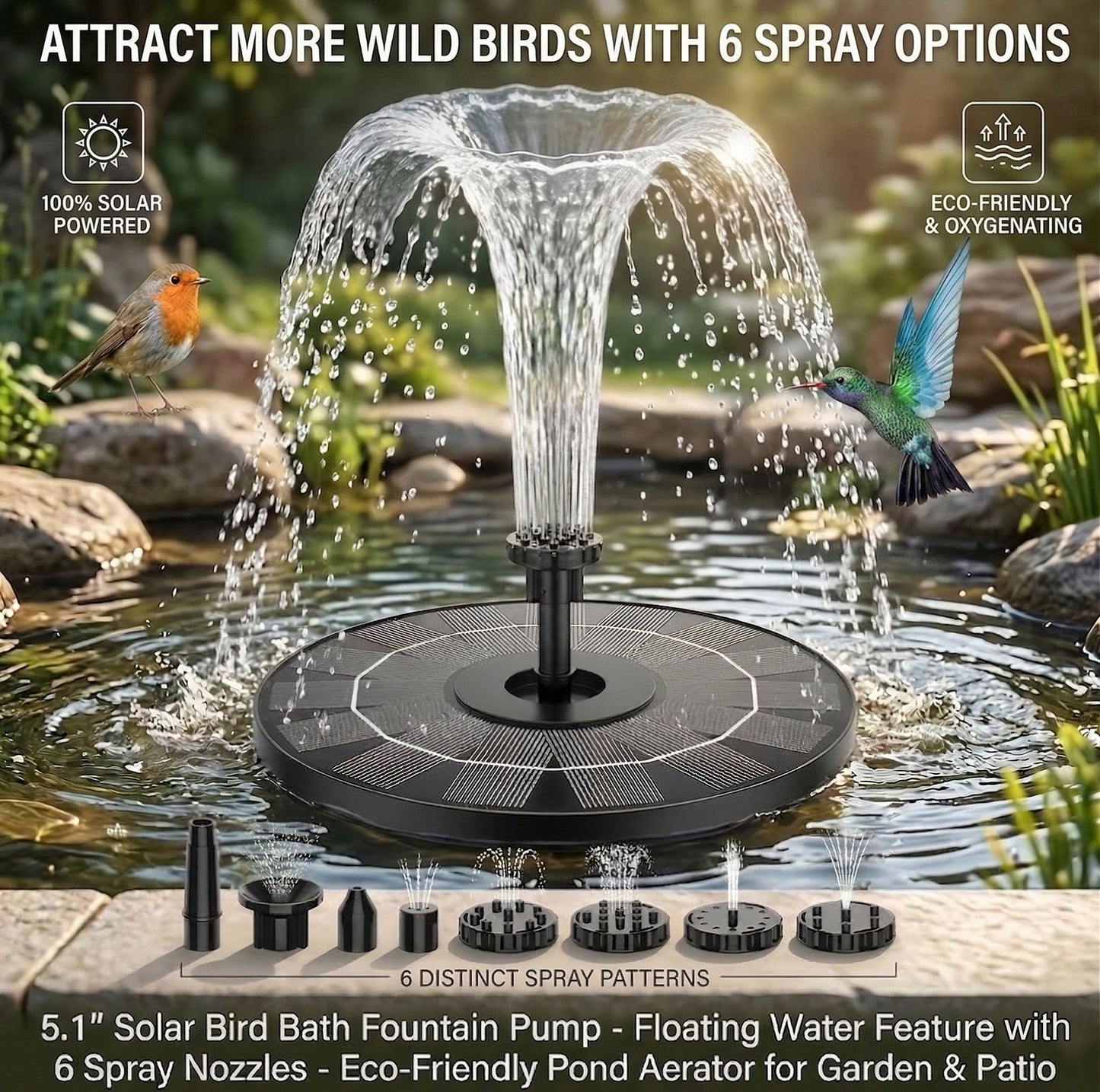 5.1" Solar Bird Bath Fountain Pump - Floating Water Feature with 6 Spray Nozzles - Eco-Friendly Pond Aerator for Garden & Patio-923