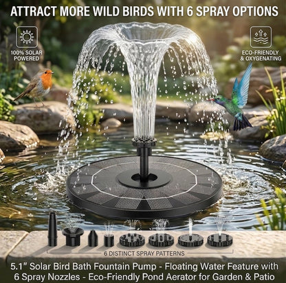 5.1" Solar Bird Bath Fountain Pump - Floating Water Feature with 6 Spray Nozzles - Eco-Friendly Pond Aerator for Garden & Patio-923