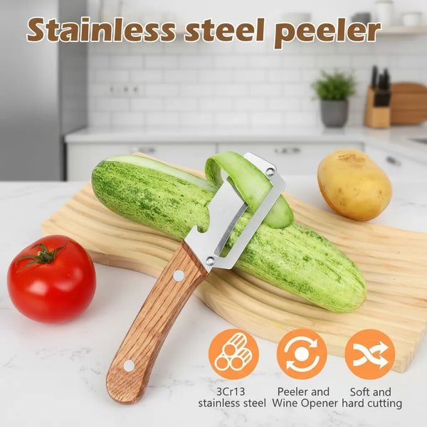 Multi Functional Vegetable Peeler for Kitchen-Wooden Handle, Potato Fruit Peeler with Bottle Opener Function, Durable Kitchen Helper-ABB8