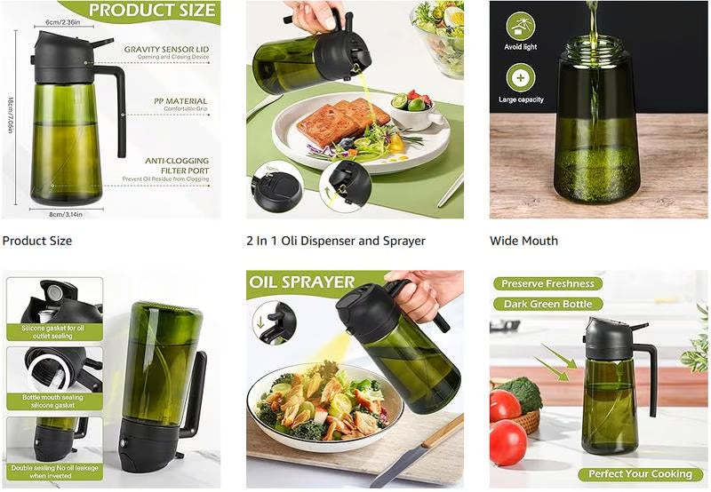 🔥Save Up To 56% Today🔥2 Count 2 in 1 Oil Sprayer for Cooking 16oz/470ml Light-Blocking Dark , Olive Oil Dispenser Bottle for Kitchen-TJY