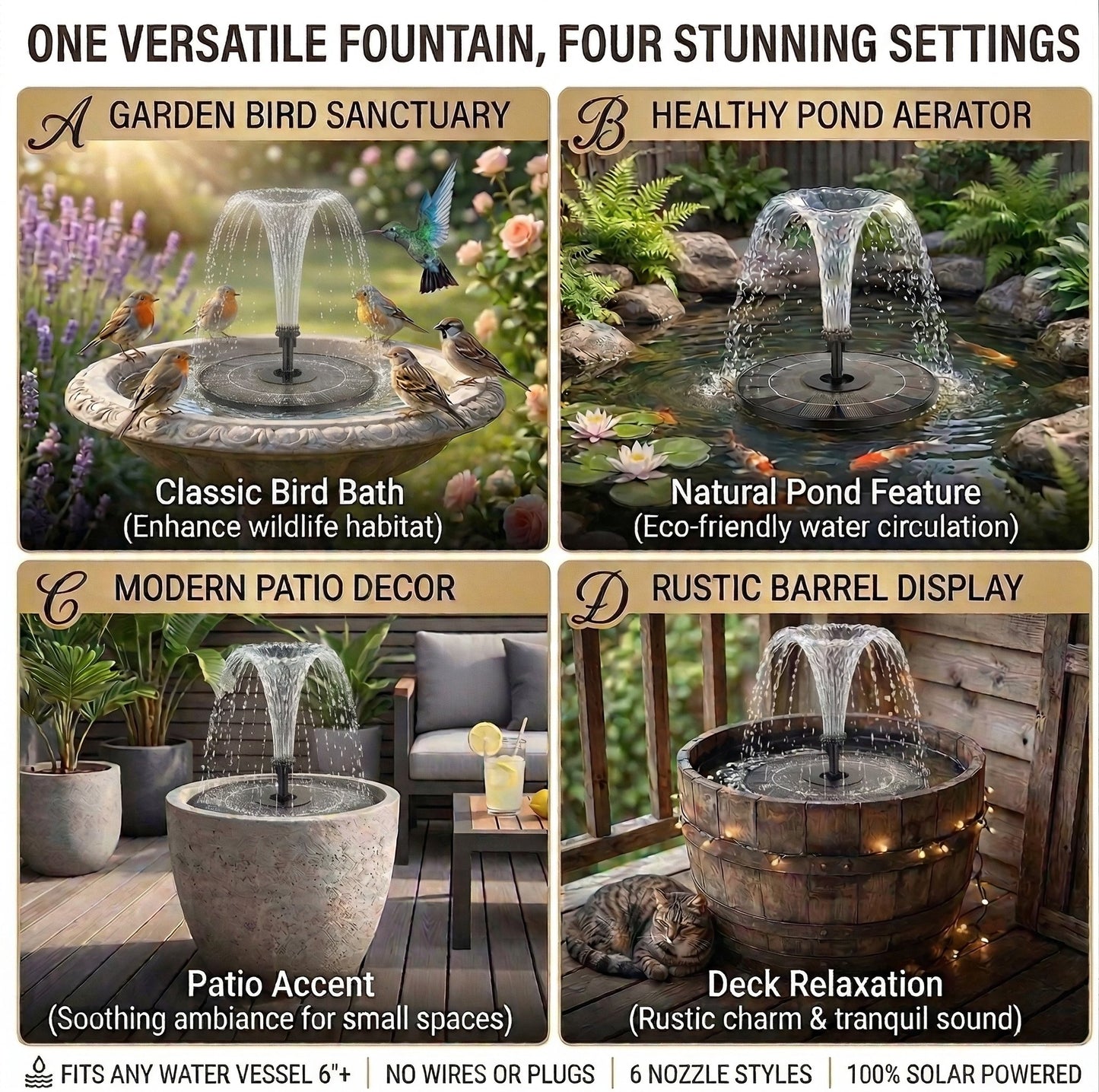 5.1" Solar Bird Bath Fountain Pump - Floating Water Feature with 6 Spray Nozzles - Eco-Friendly Pond Aerator for Garden & Patio-923
