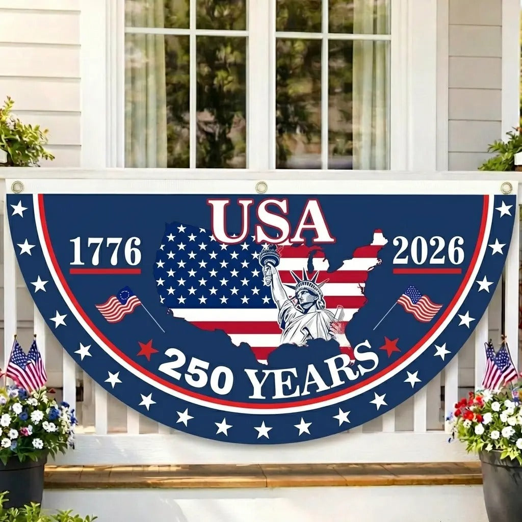 🗽USA 250th Anniversary Flag Half Round Banner🦅1776–2026 Patriotic Bunting Flag, Polyester Semicircle Fence Banner-ABB8