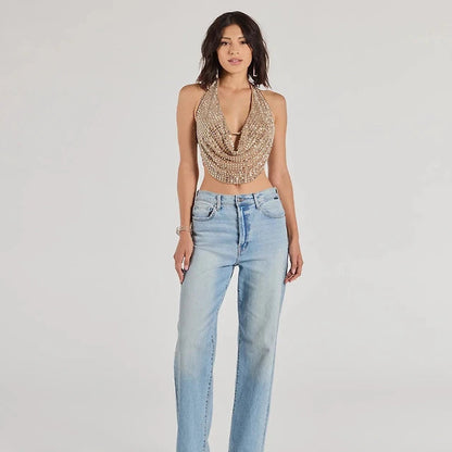 ✨Party Diva✨ — 💎Cropped Rhinestone Backless Halter Top-ABB8