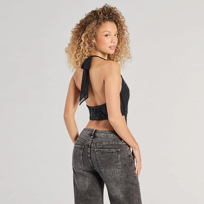 ✨Party Diva✨ — 💎Cropped Rhinestone Backless Halter Top-ABB8