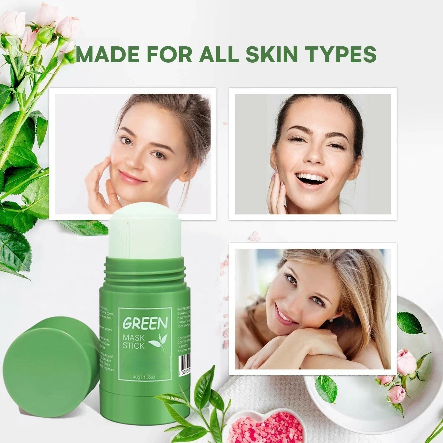 Green mask stick with images of people and nature on a white background
