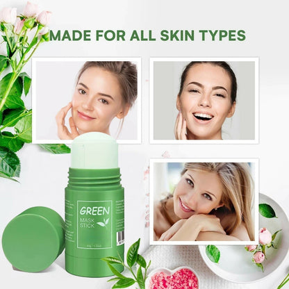 Green mask stick with images of people and nature on a white background