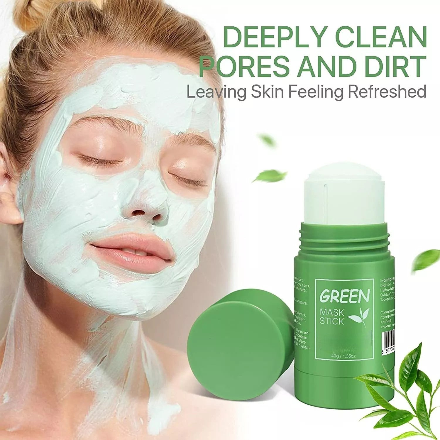 Woman with green face mask and green mask stick with text 'Deeply Clean Pores and Dirt' on a white background