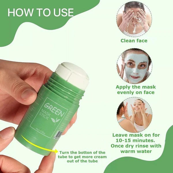 Green face mask stick with usage instructions on a white background