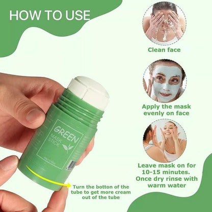 Green face mask stick with usage instructions on a white background