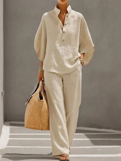 Women’s Batwing Sleeve Linen Cotton Two-Piece Set – Casual Shirt & Wide Leg Pants Outfit - A926