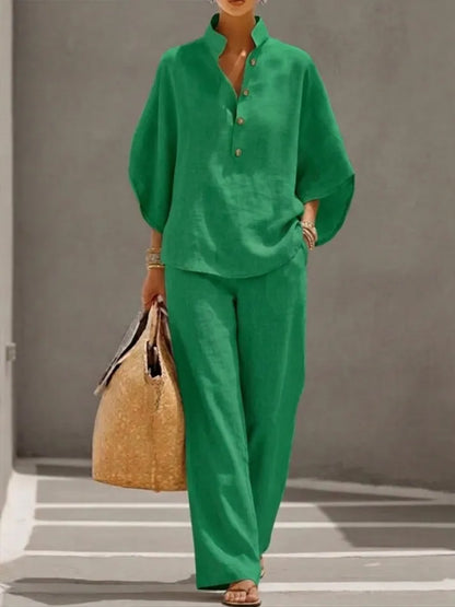 Women’s Batwing Sleeve Linen Cotton Two-Piece Set – Casual Shirt & Wide Leg Pants Outfit - A926