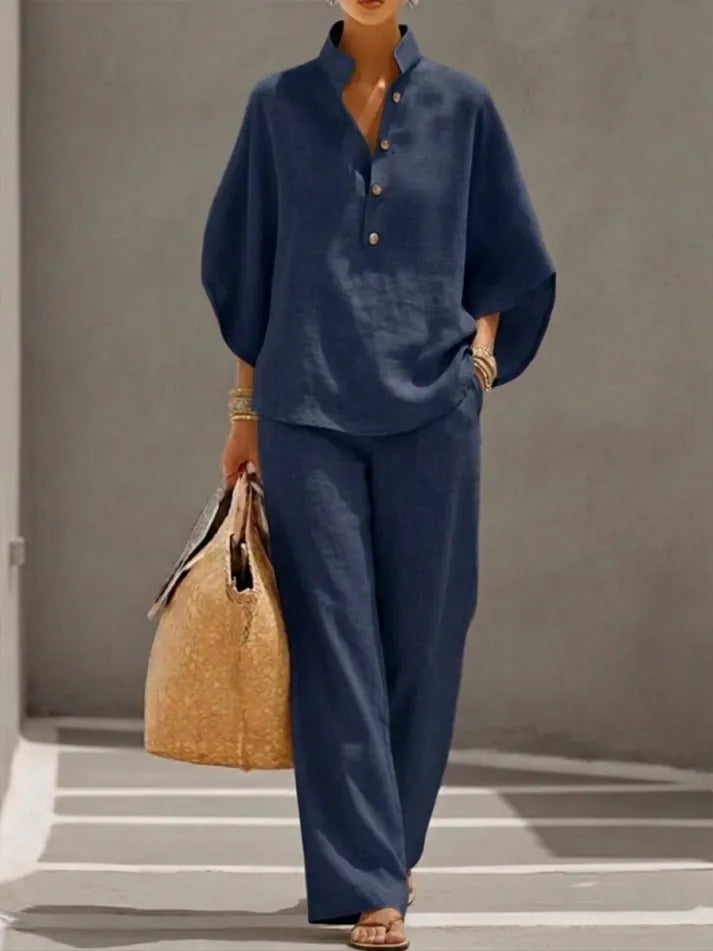 Women’s Batwing Sleeve Linen Cotton Two-Piece Set – Casual Shirt & Wide Leg Pants Outfit - A926