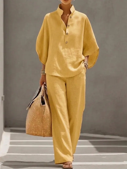 Women’s Batwing Sleeve Linen Cotton Two-Piece Set – Casual Shirt & Wide Leg Pants Outfit - A926