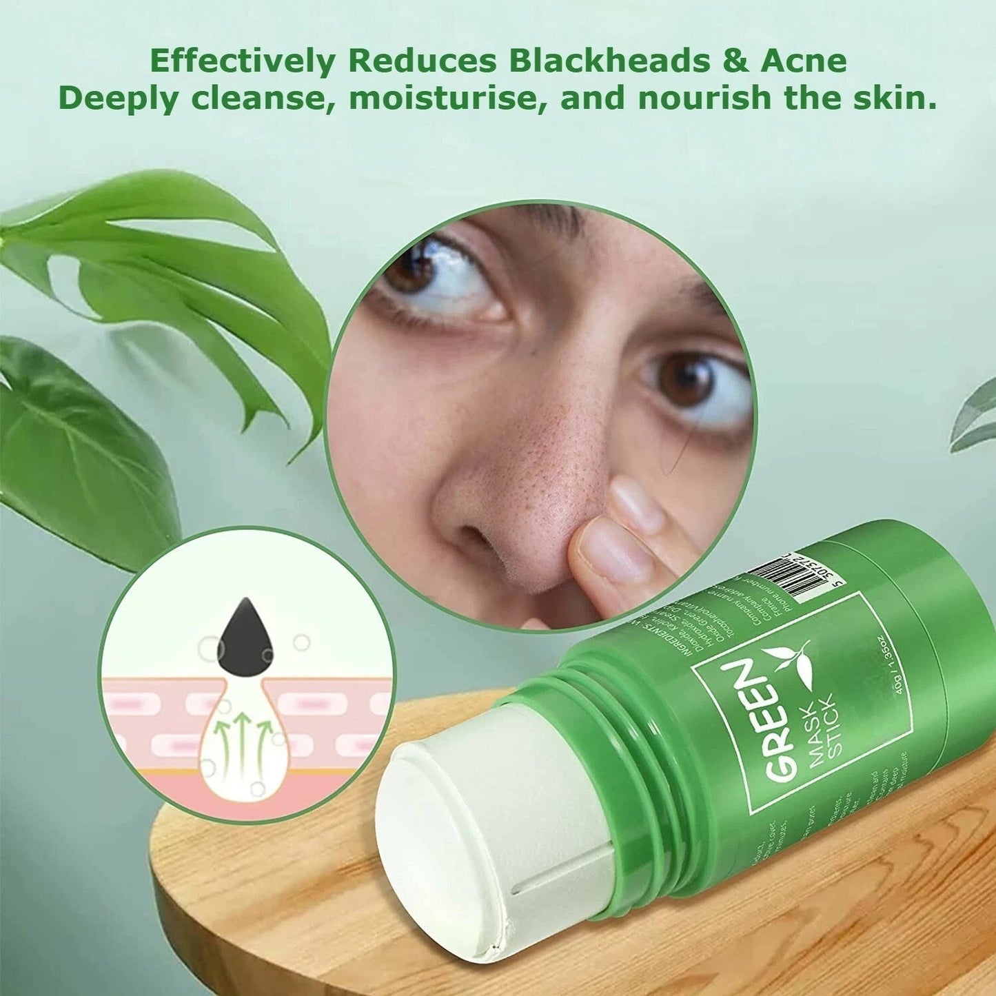 Green mask stick with text on a light green background